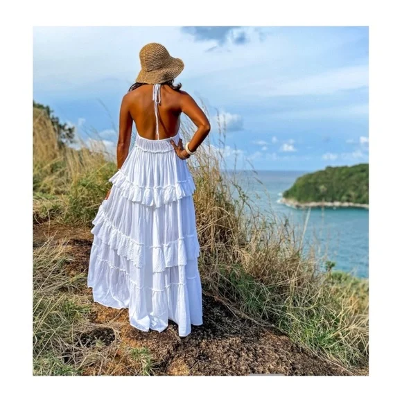 CREAM MAXI BOHO RUFFLE DRESS - Picture 5 of 12